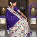 Deep Purple Floral Woven Linen Silk Saree Designer Peacock Border