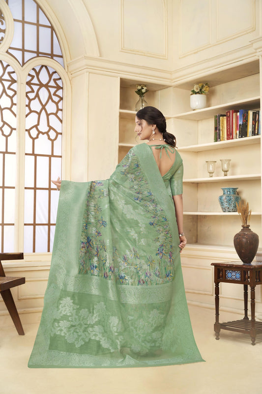Pastel Green Linen Silk Saree with Blue Floral Digital Print and Zari Woven Border