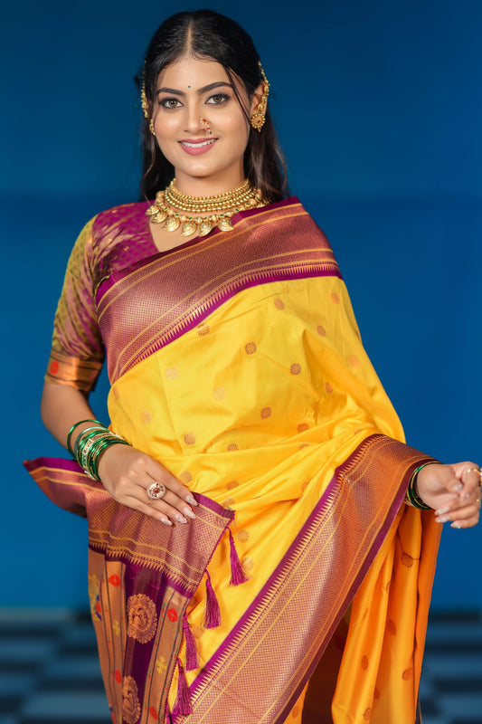 Mustard Yellow Kanjivaram Silk Saree Gold Zari Border Butti Work