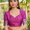 Teal Blue Silk Saree with Pink Border Multicolor Peacock Zari Weaving Work