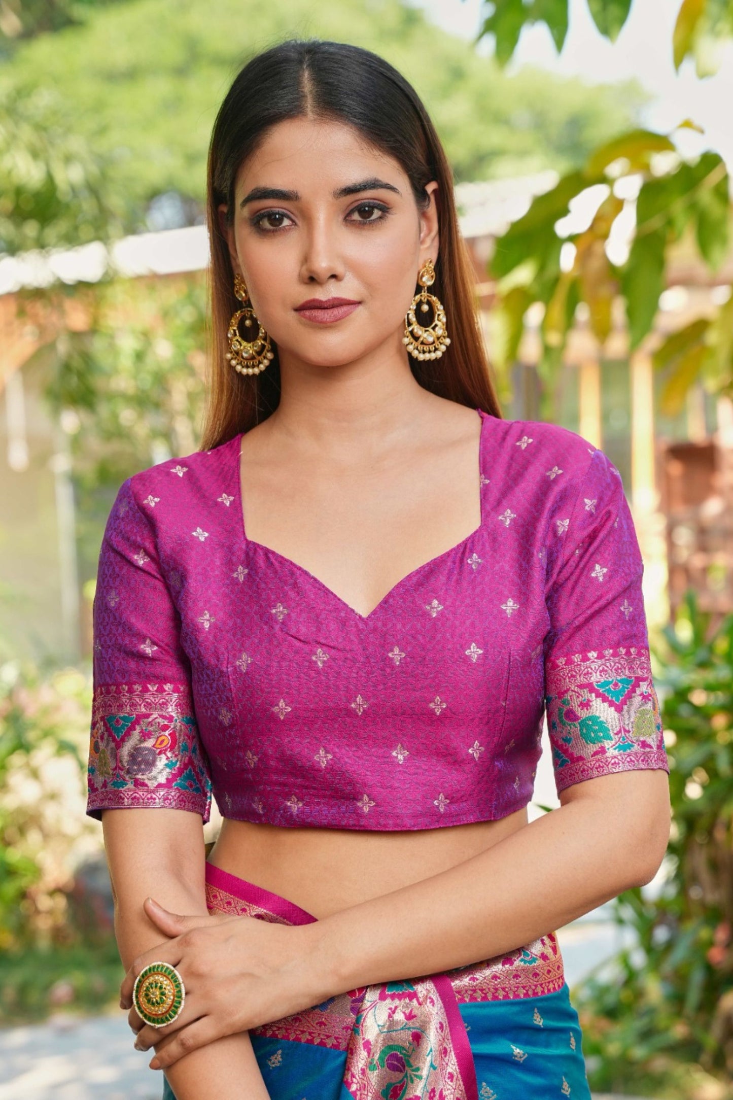 Teal Blue Silk Saree with Pink Border Multicolor Peacock Zari Weaving Work