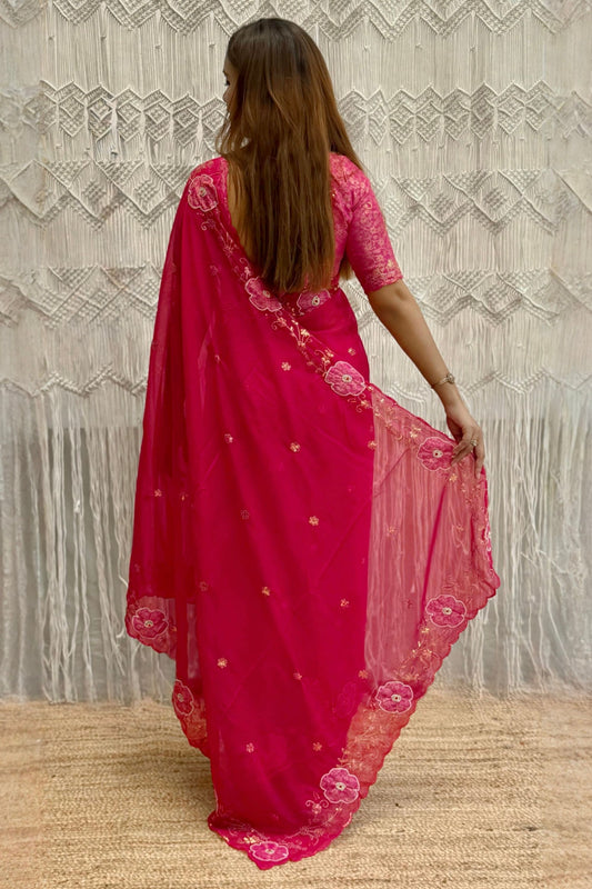 Rani Pink Organza Saree Floral Embroidery Designer Blouse