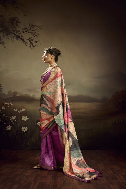Purple Linen Silk Saree Multicolor Digital Print Designer Tassel Pallu
