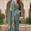 Elegant Teal Blue Floral Printed Linen Silk Saree