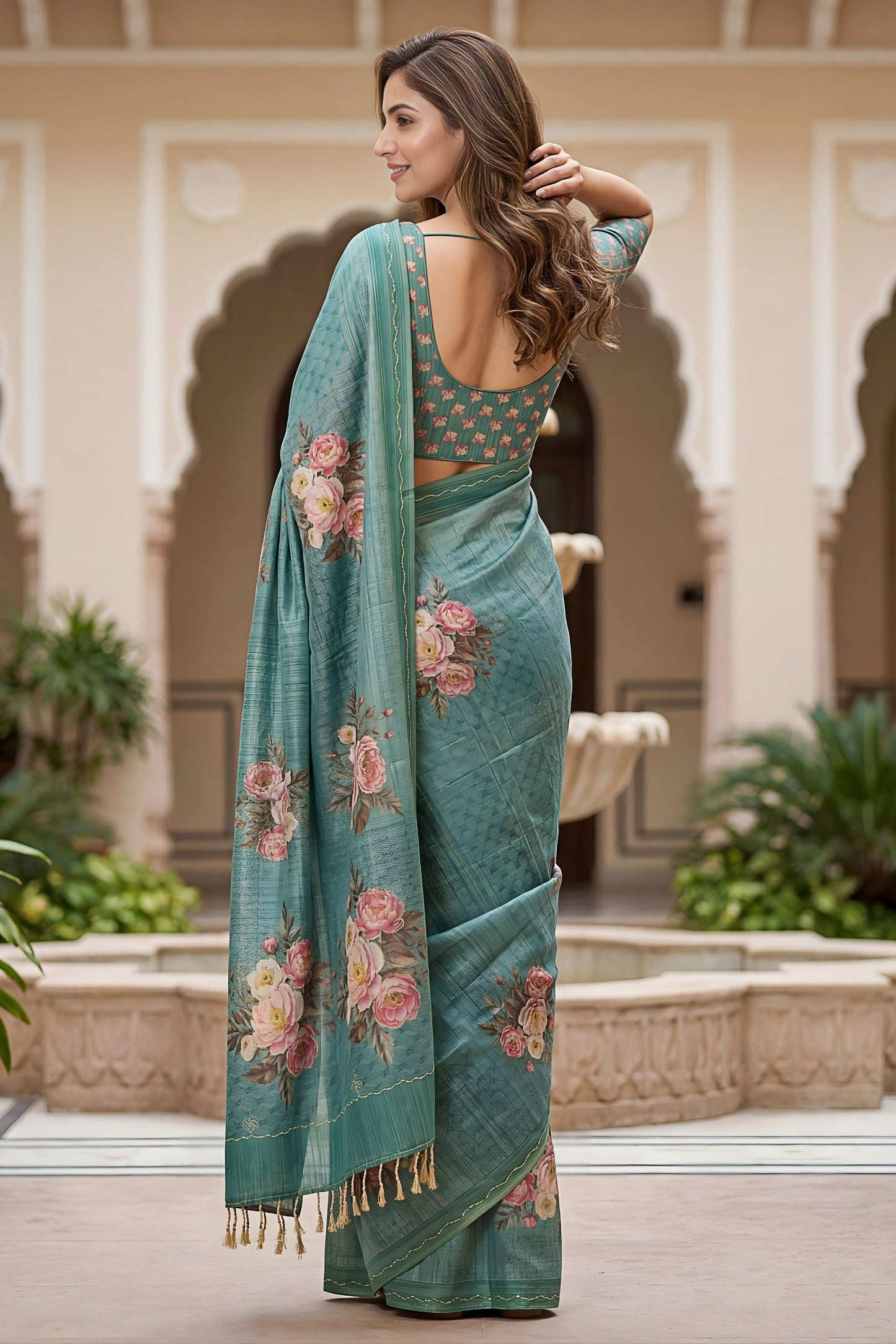Elegant Teal Blue Floral Printed Linen Silk Saree