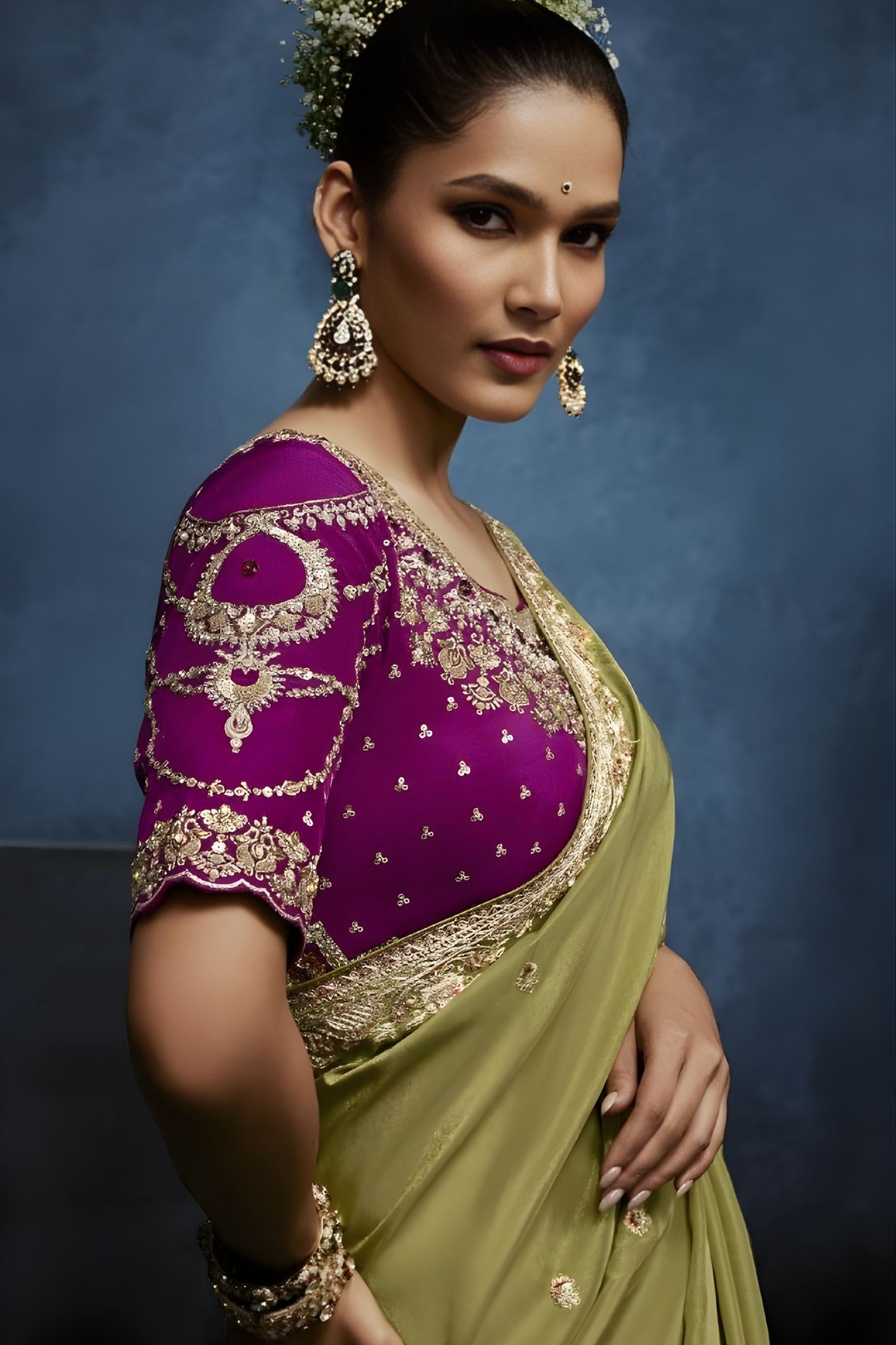 Luxury Olive Green Embroidered Saree with Designer Blouse