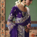 Royal Purple Organza Silk Saree Heavy Silver Zari Embroidery Border