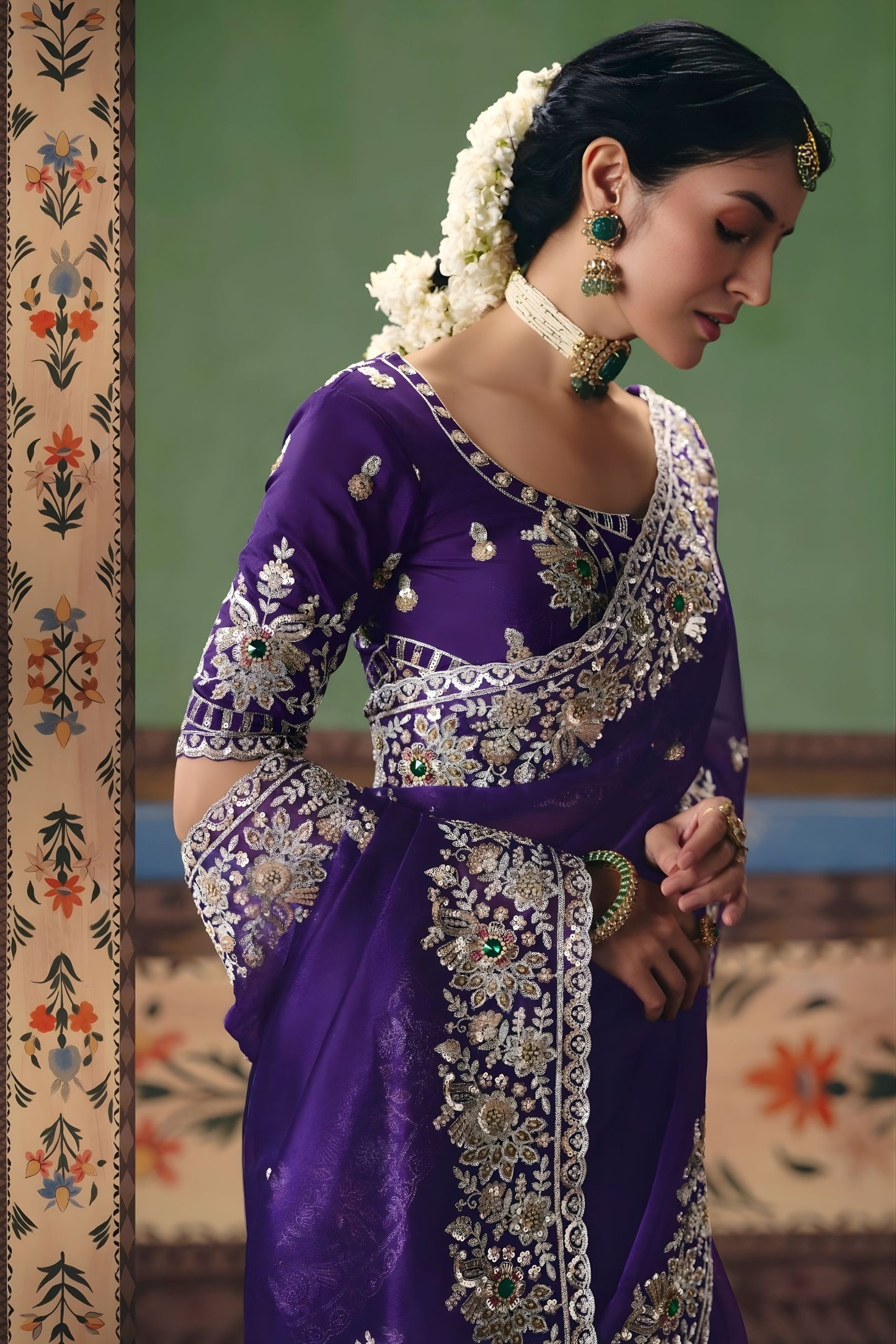 Royal Purple Organza Silk Saree Heavy Silver Zari Embroidery Border