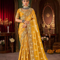 Mustard Yellow Embroidered Designer Saree with Gold Matching Blouse 
