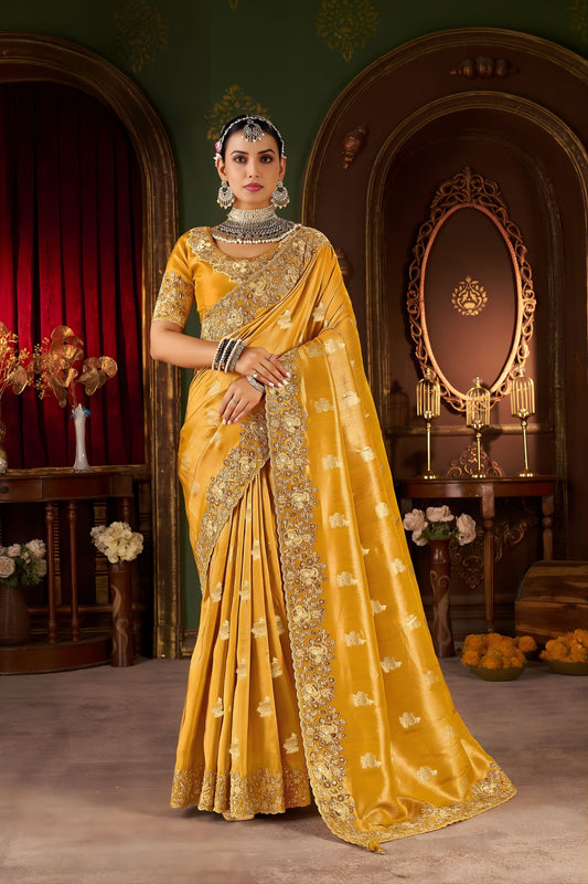 Mustard Yellow Embroidered Designer Saree with Gold Matching Blouse 