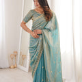 Elegant Sky Blue Organza Silk Saree with Golden Embroidered Border