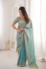 Elegant Sky Blue Organza Silk Saree with Golden Embroidered Border