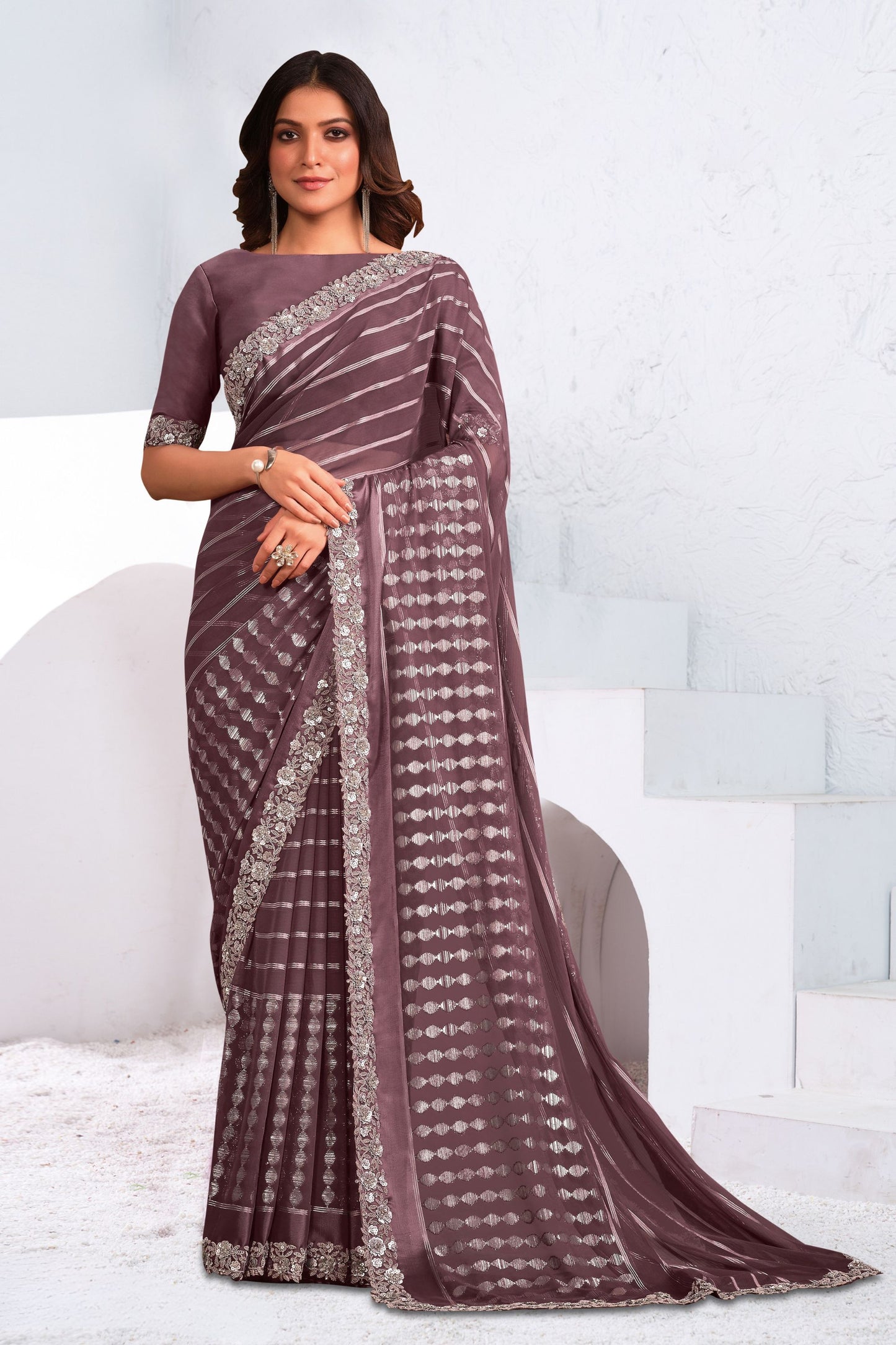 Mauve Georgette Saree Silver Woven Motifs Border Designer Blouse