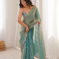 Aqua Blue Organza Silk Saree Golden Zari Embroidery Designer Blouse