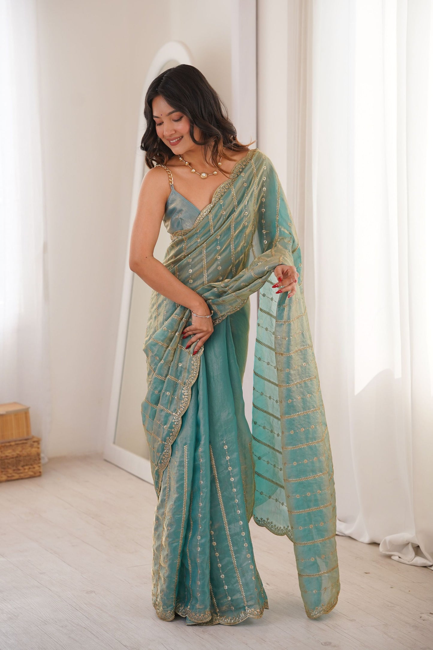 Aqua Blue Organza Silk Saree Golden Zari Embroidery Designer Blouse