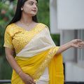 Yellow Cream Georgette Saree Embroidered Border Designer Blouse