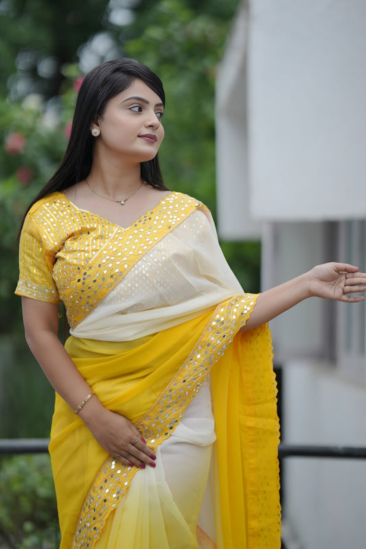 Yellow Cream Georgette Saree Embroidered Border Designer Blouse