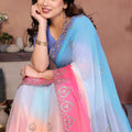 Sky Blue and Pink Georgette Saree Embroidered Border Work