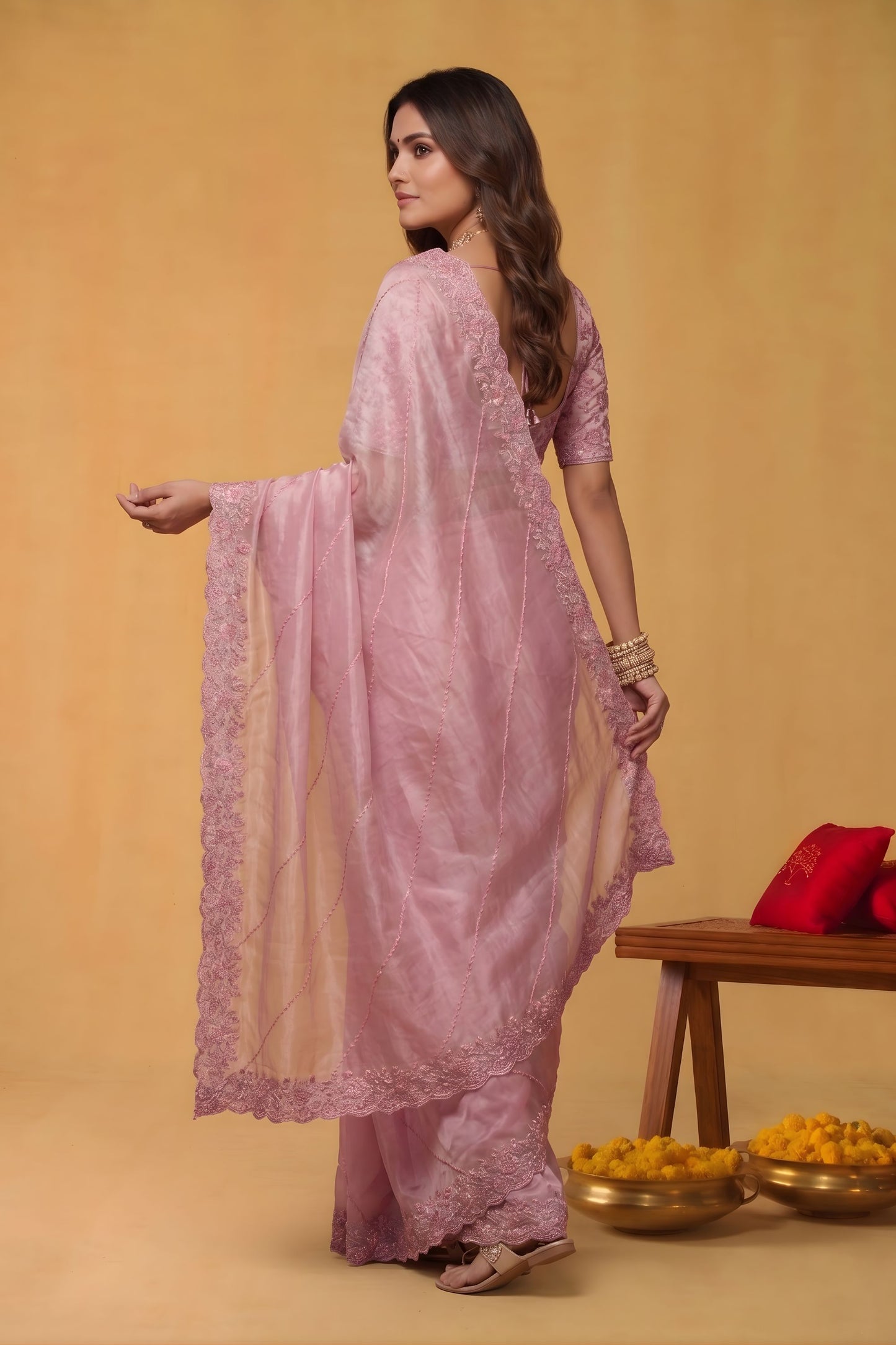 Pink Organza Silk Saree Floral Embroidered Border Designer Blouse