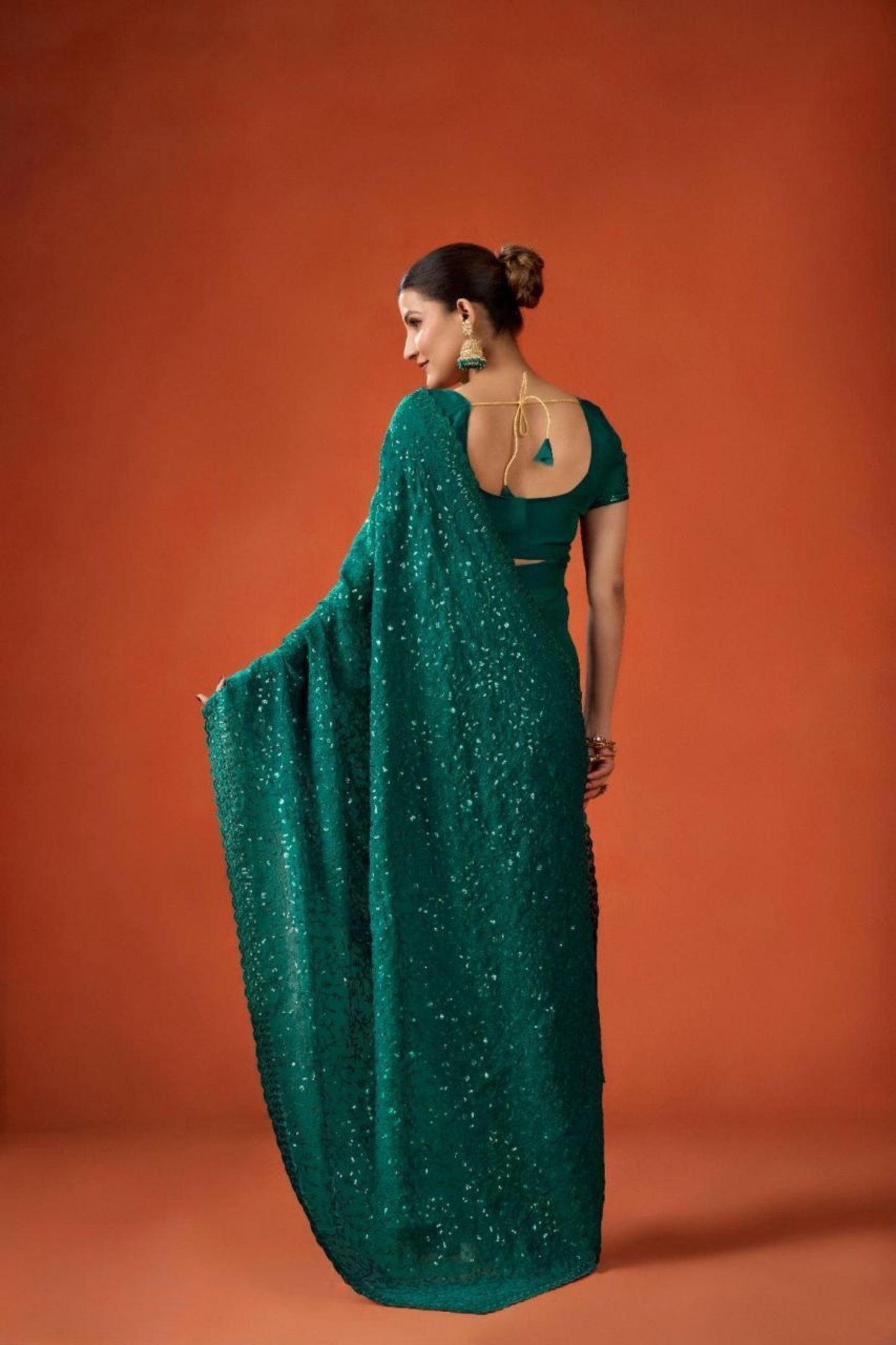 Green Sequin Embellished Georgette Saree with Scalloped Border