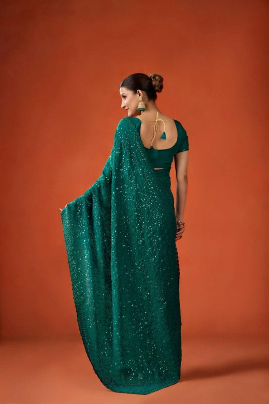 Green Sequin Embellished Georgette Saree with Scalloped Border