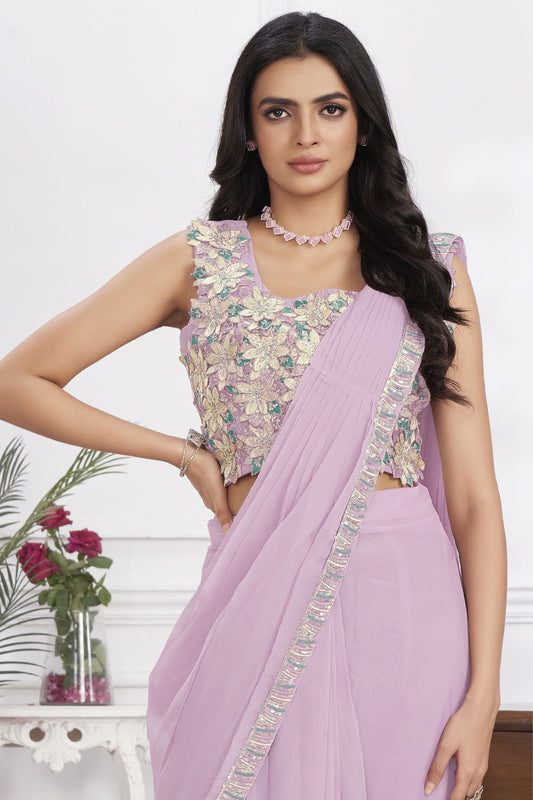 Lavender Designer Saree with Floral Embroidered Blouse