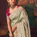 Sage Green Silk Saree and Contrast Maroon Blouse