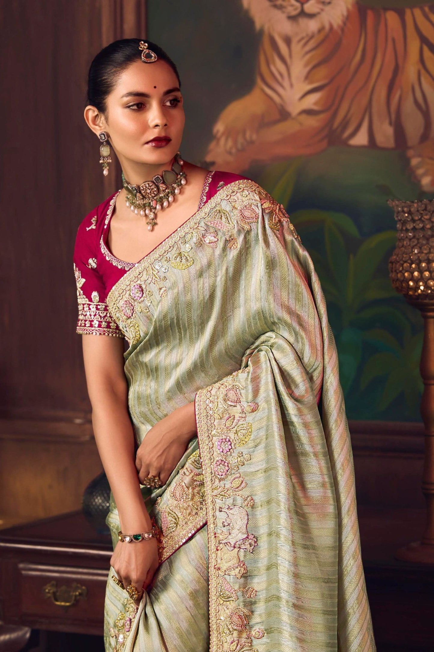 Sage Green Silk Saree and Contrast Maroon Blouse