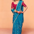 Teal Blue Designer Saree Embroidered Contrast Pink Blouse