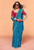 Teal Blue Designer Saree Embroidered Contrast Pink Blouse