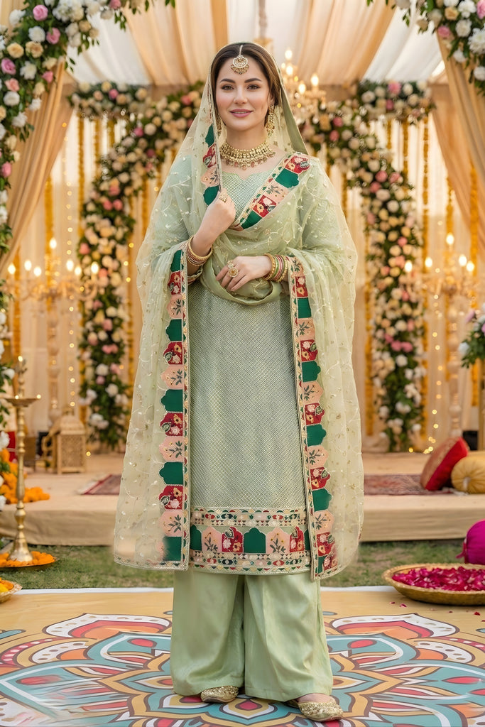 Fancy Mint Green Embroidered Eid Special Palazzo Suit with Net Dupatta