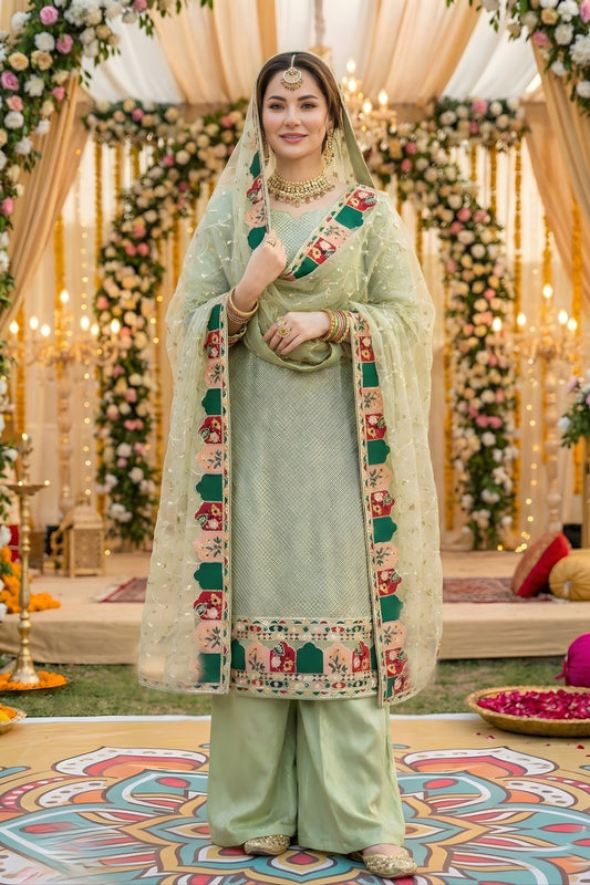 Fancy Mint Green Embroidered Eid Special Palazzo Suit with Net Dupatta