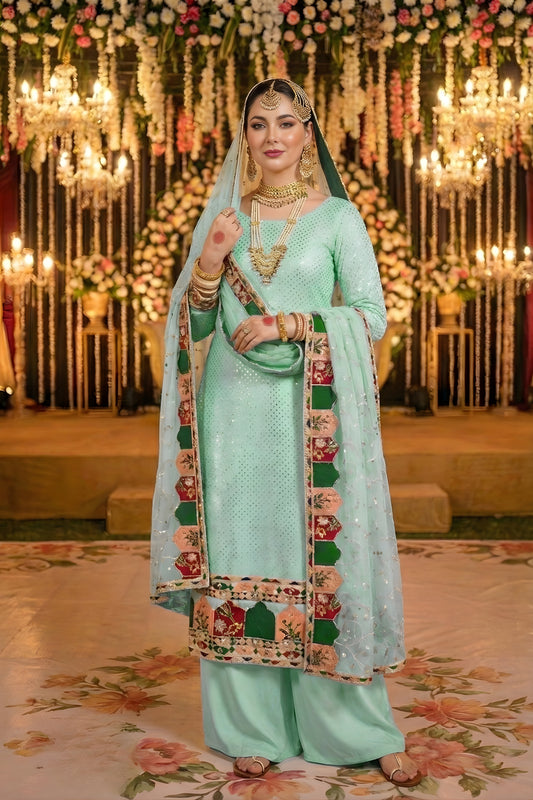 Splendid Sea Green Heavy Embroidered Eid Special Palazzo Suit with Net Dupatta