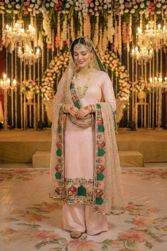 Latest Peach Heavy Embroidered Eid Special Palazzo Suit with Net Dupatta