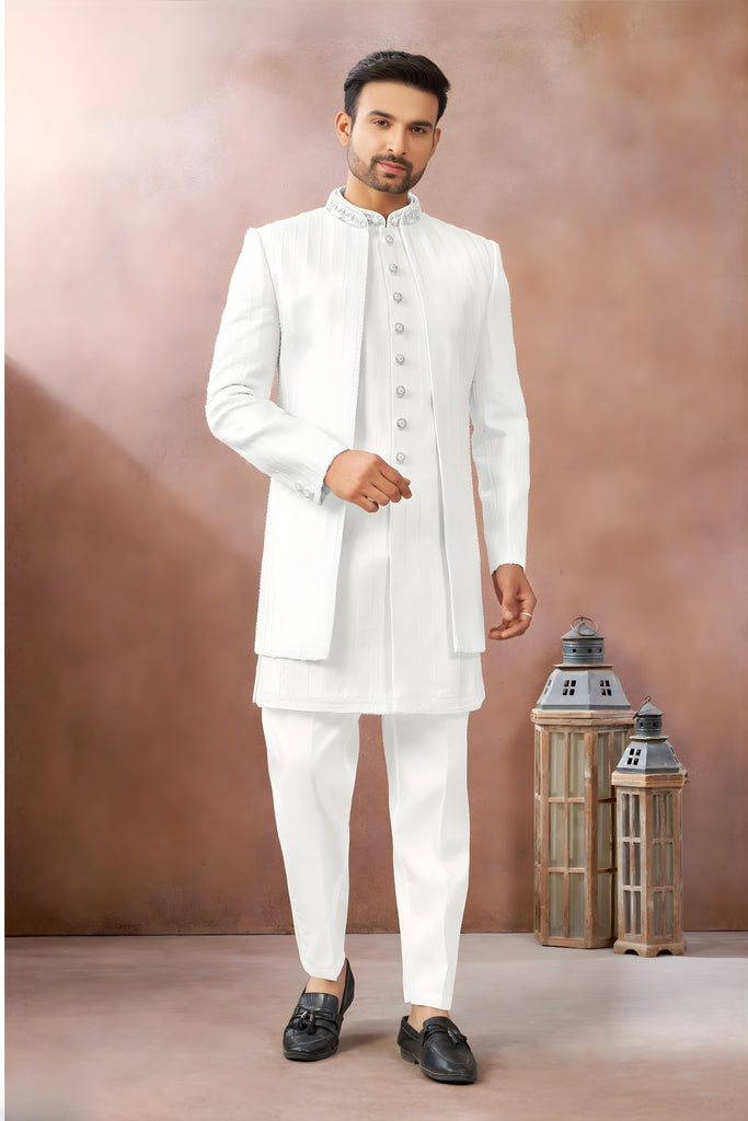 Luxury White Art Silk Embroidered Designer Indo Western Sherwani with Jacket