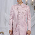 Handsome Pink Art Silk Embroidered Indo Western Sherwani for Men with White Churidar