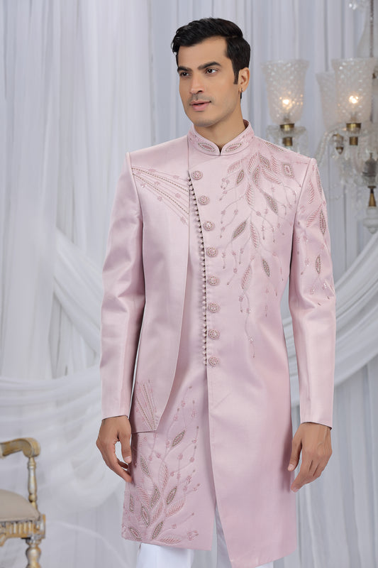 Handsome Pink Art Silk Embroidered Indo Western Sherwani for Men with White Churidar