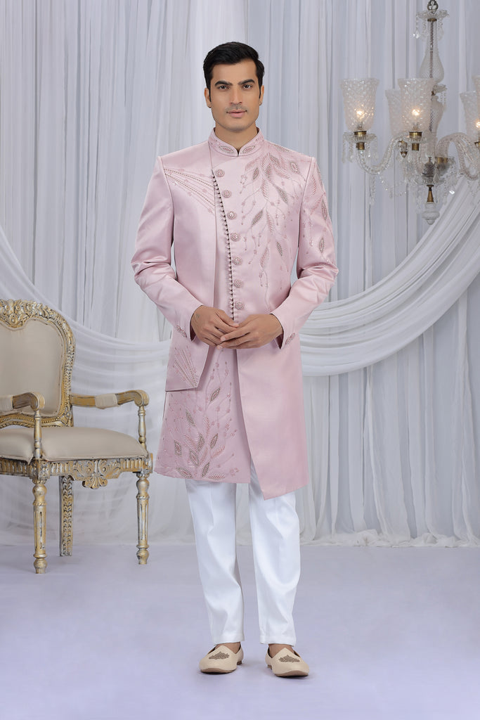 Handsome Pink Art Silk Embroidered Indo Western Sherwani for Men with White Churidar