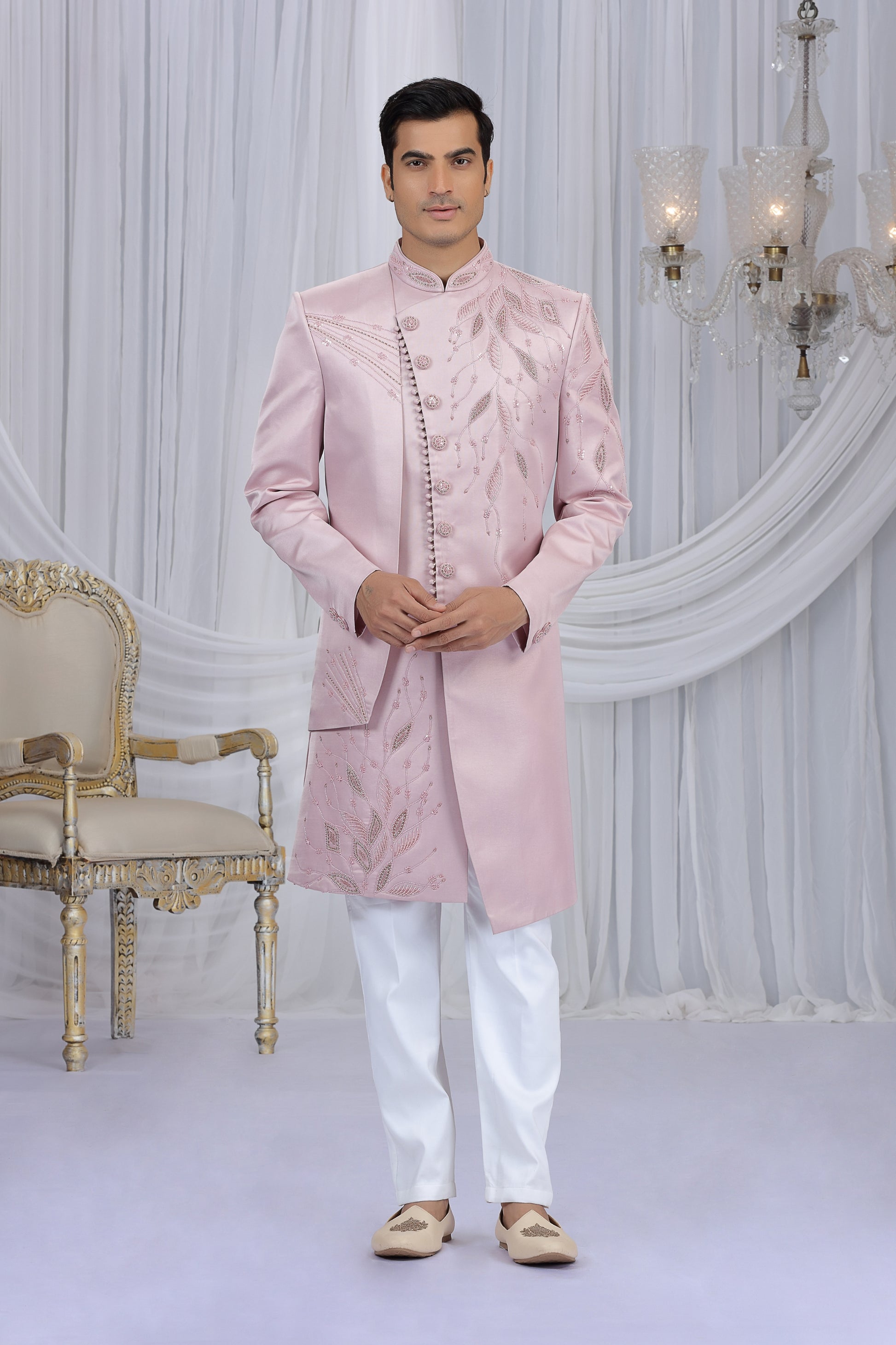 Handsome Pink Art Silk Embroidered Indo Western Sherwani for Men with White Churidar