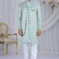 Stylish Pista Green Velvet Embroidered Indo Western Sherwani for Men with White Churidar
