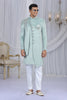 Stylish Pista Green Velvet Embroidered Indo Western Sherwani for Men with White Churidar