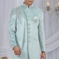 Stylish Pista Green Velvet Embroidered Indo Western Sherwani for Men with White Churidar