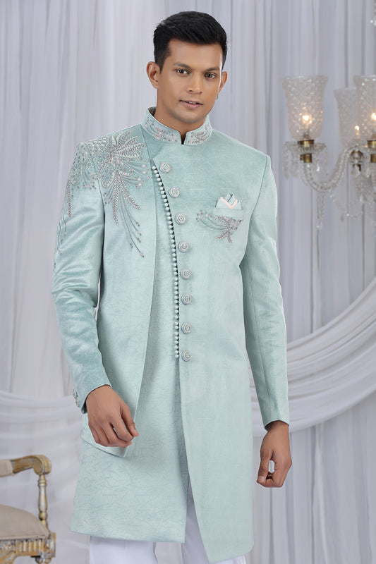 Stylish Pista Green Velvet Embroidered Indo Western Sherwani for Men with White Churidar