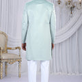 Stylish Pista Green Velvet Embroidered Indo Western Sherwani for Men with White Churidar