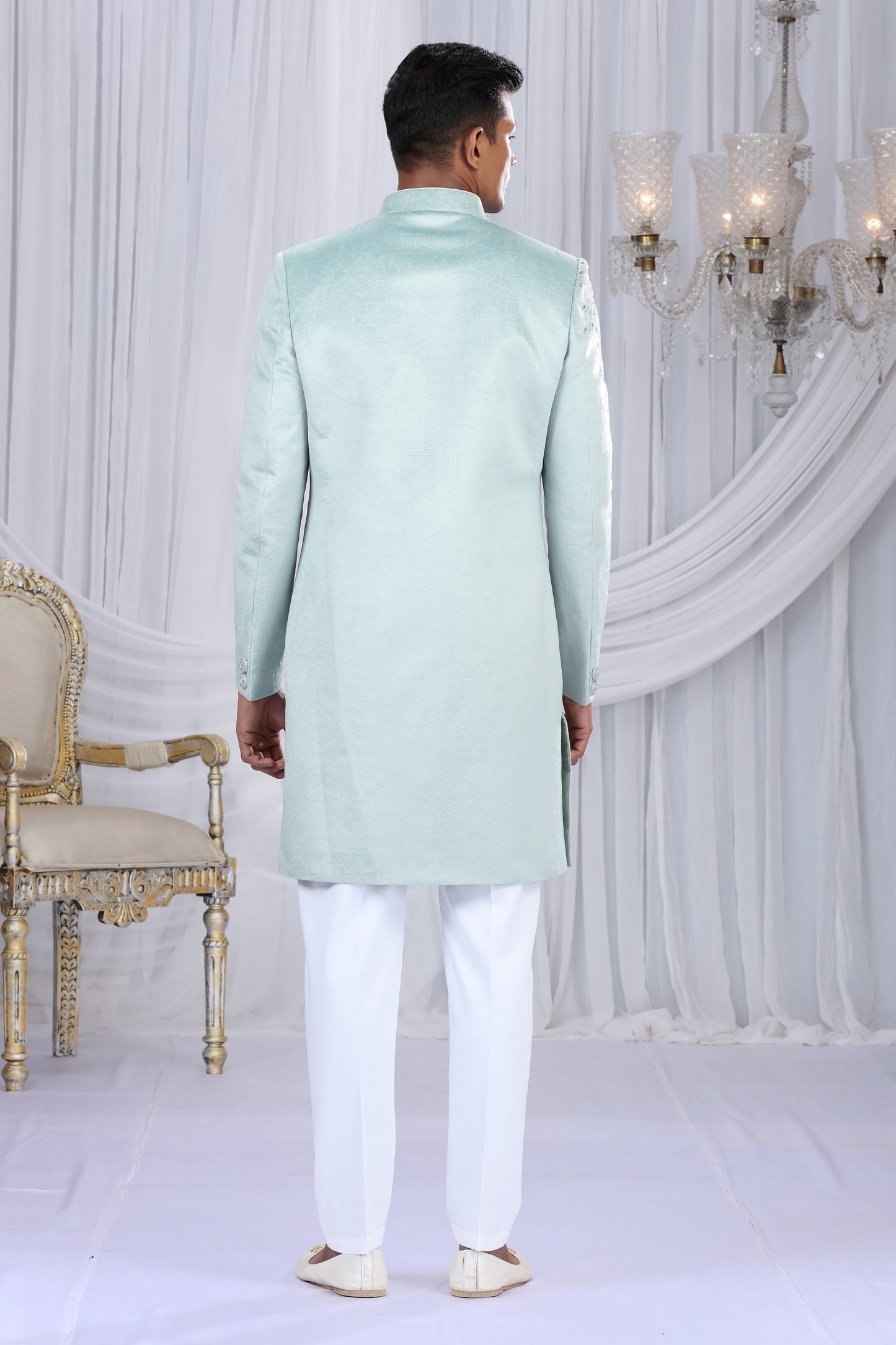 Stylish Pista Green Velvet Embroidered Indo Western Sherwani for Men with White Churidar