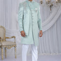 Stylish Pista Green Velvet Embroidered Indo Western Sherwani for Men with White Churidar
