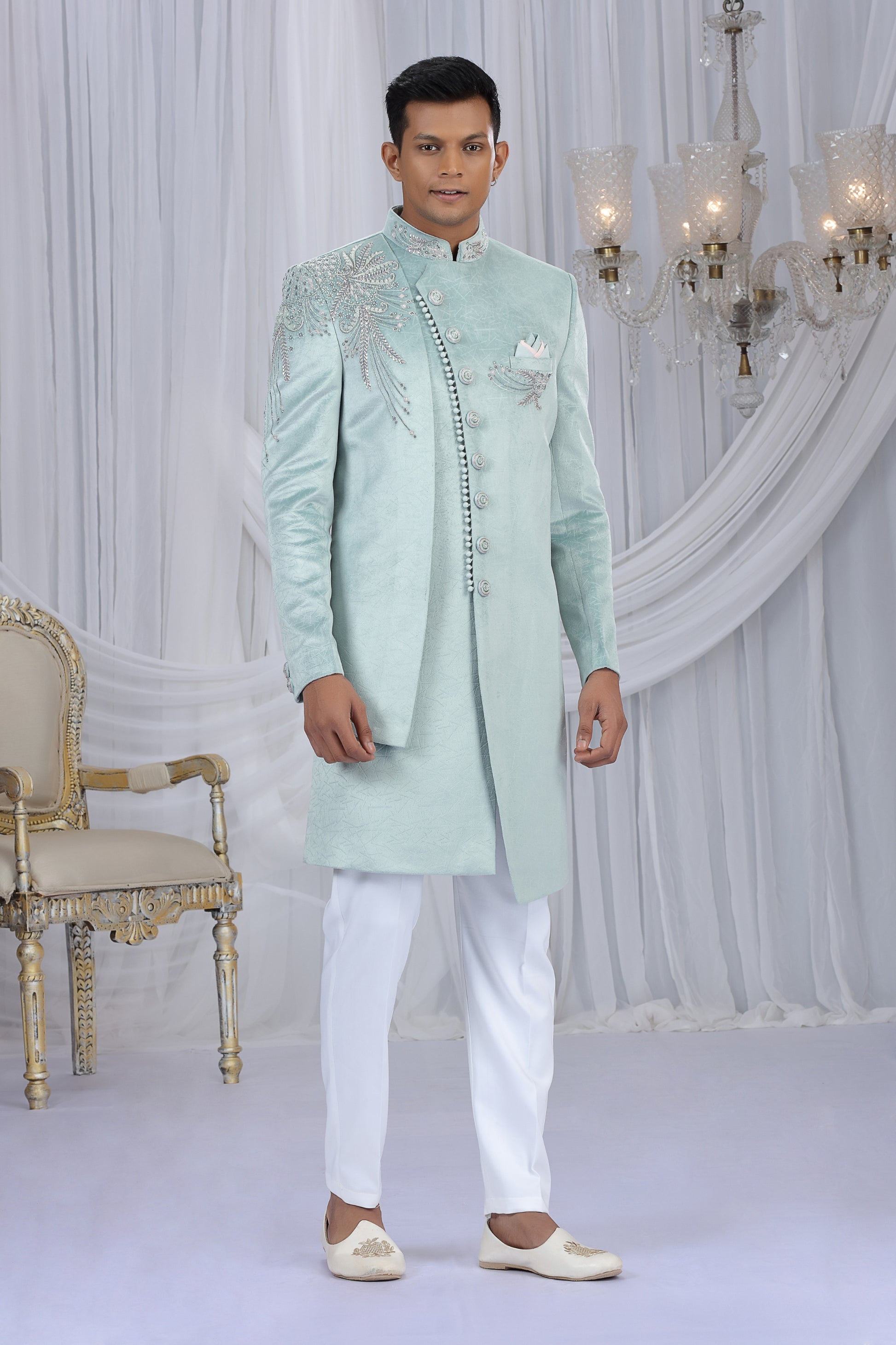 Stylish Pista Green Velvet Embroidered Indo Western Sherwani for Men with White Churidar