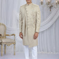 Trendy Cream Art Silk Embroidered Indo Western Sherwani for Men with White Churidar