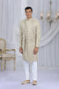 Trendy Cream Art Silk Embroidered Indo Western Sherwani for Men with White Churidar