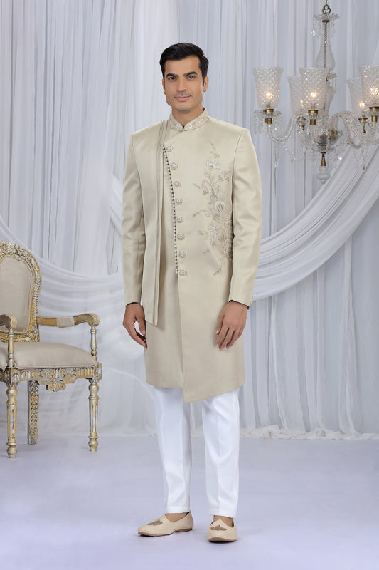 Trendy Cream Art Silk Embroidered Indo Western Sherwani for Men with White Churidar